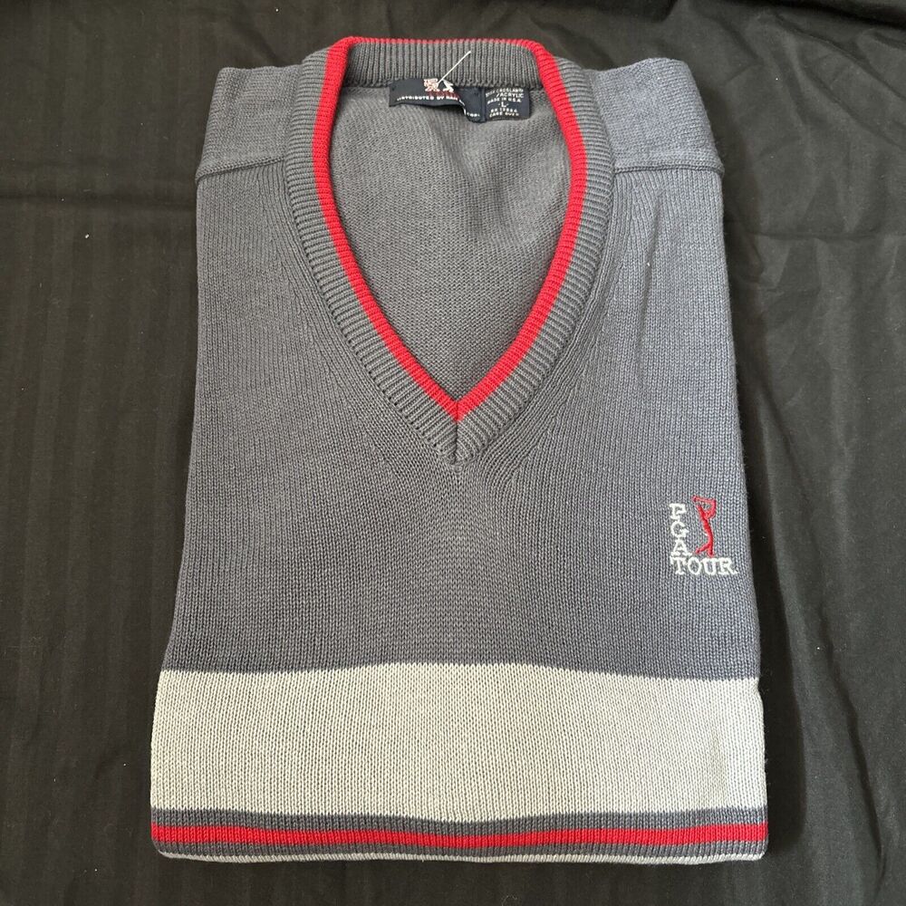 PGA TOUR v Neck Sweater Grey Red Striped 100% Creslax Size Large USA DEFECT READ